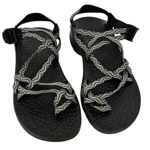 Chaco Strappy Toe Loop Sandals Womens Size 8 Black Gray Wavy Hiking Outdoor